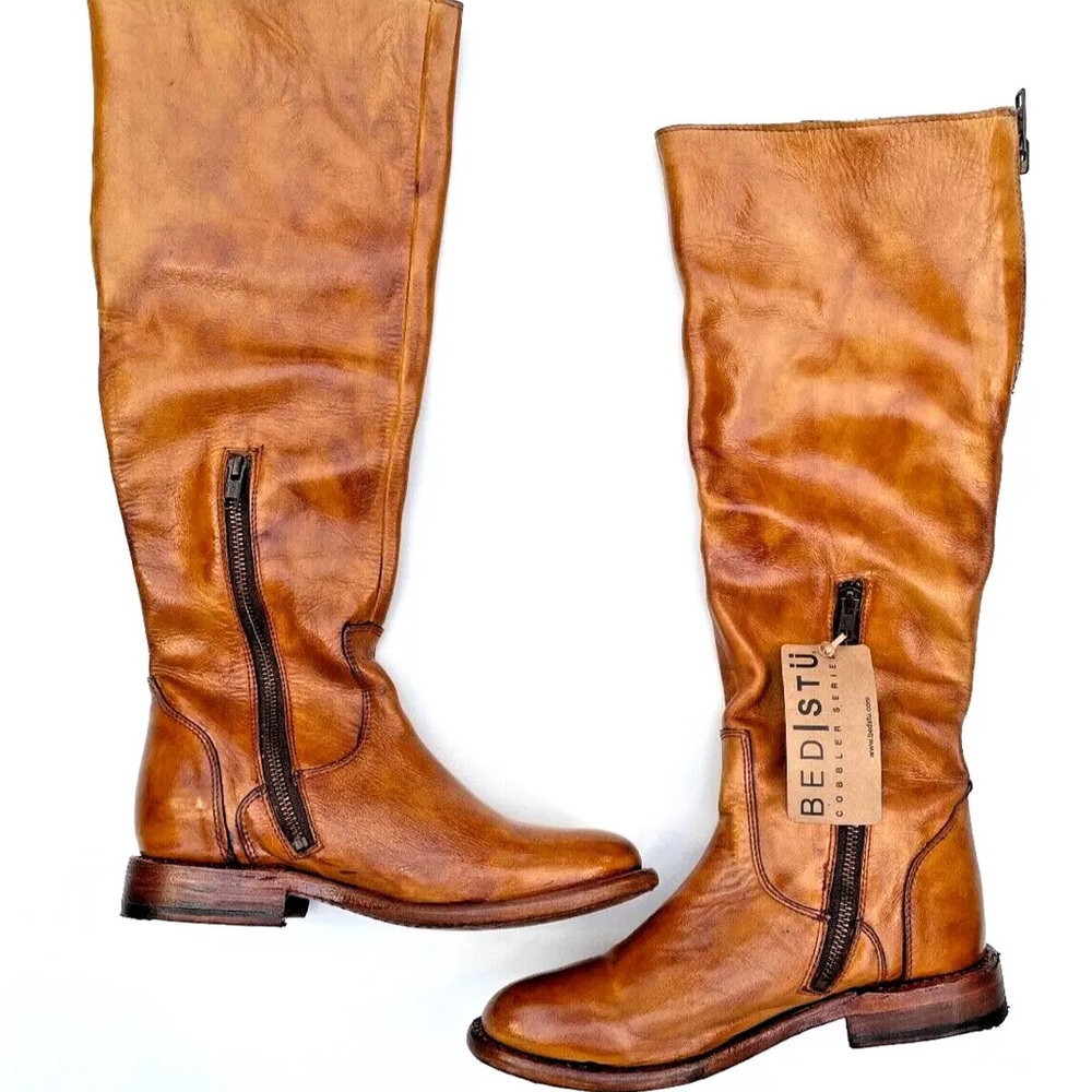 BED STU Women's Knee High Zip Up Leather Cobbler Boots Pecan Rustic Size 9.5